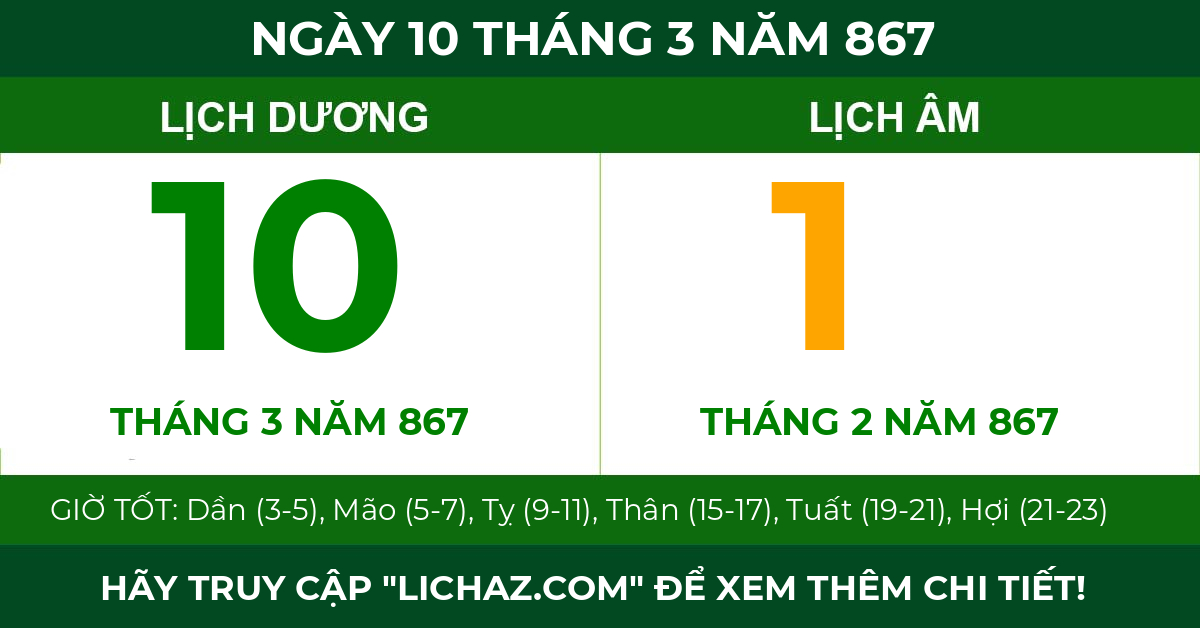 lịch âm ngày 10 tháng 3 năm 867