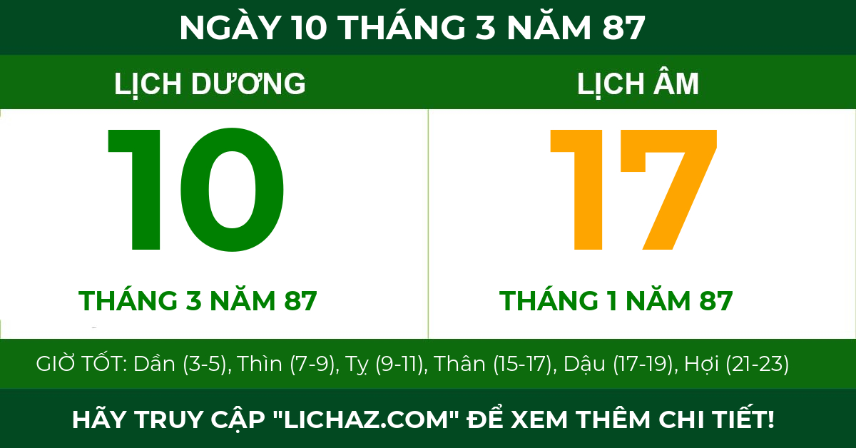 lịch âm ngày 10 tháng 3 năm 87