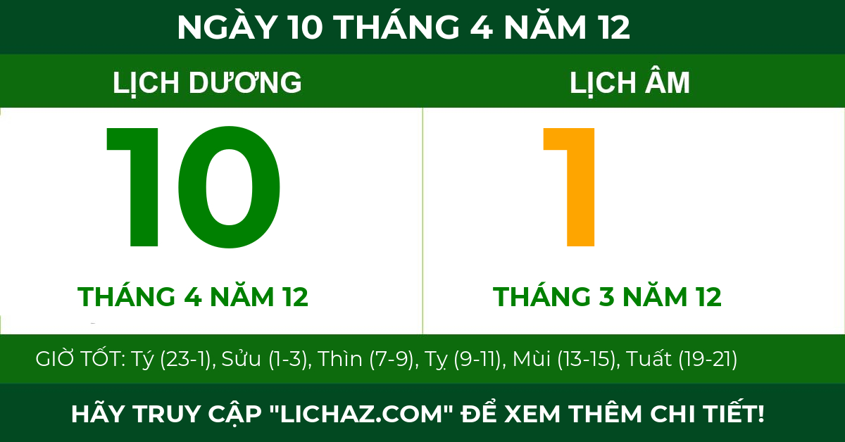 lịch âm ngày 10 tháng 4 năm 12