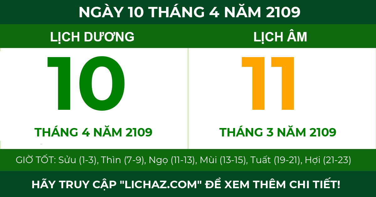 lịch âm ngày 10 tháng 4 năm 2109