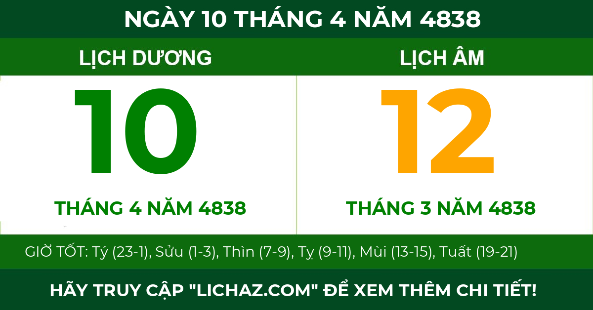 lịch âm ngày 10 tháng 4 năm 4838