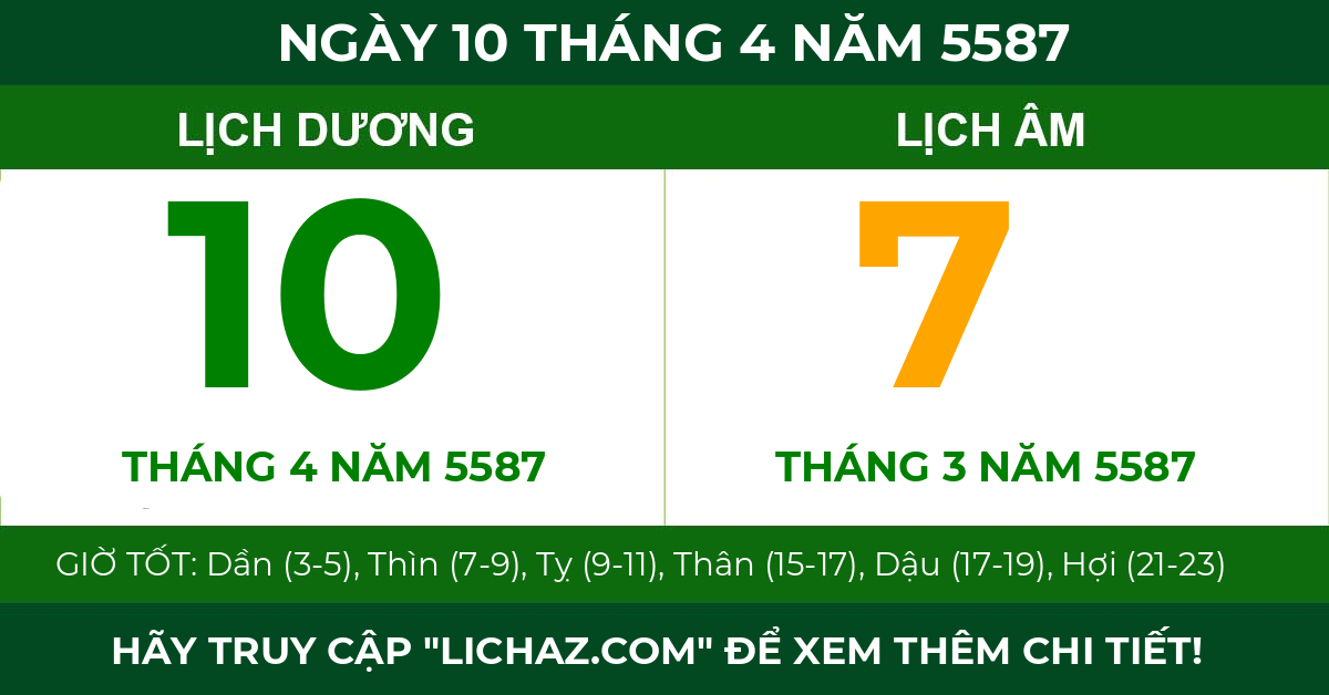 lịch âm ngày 10 tháng 4 năm 5587