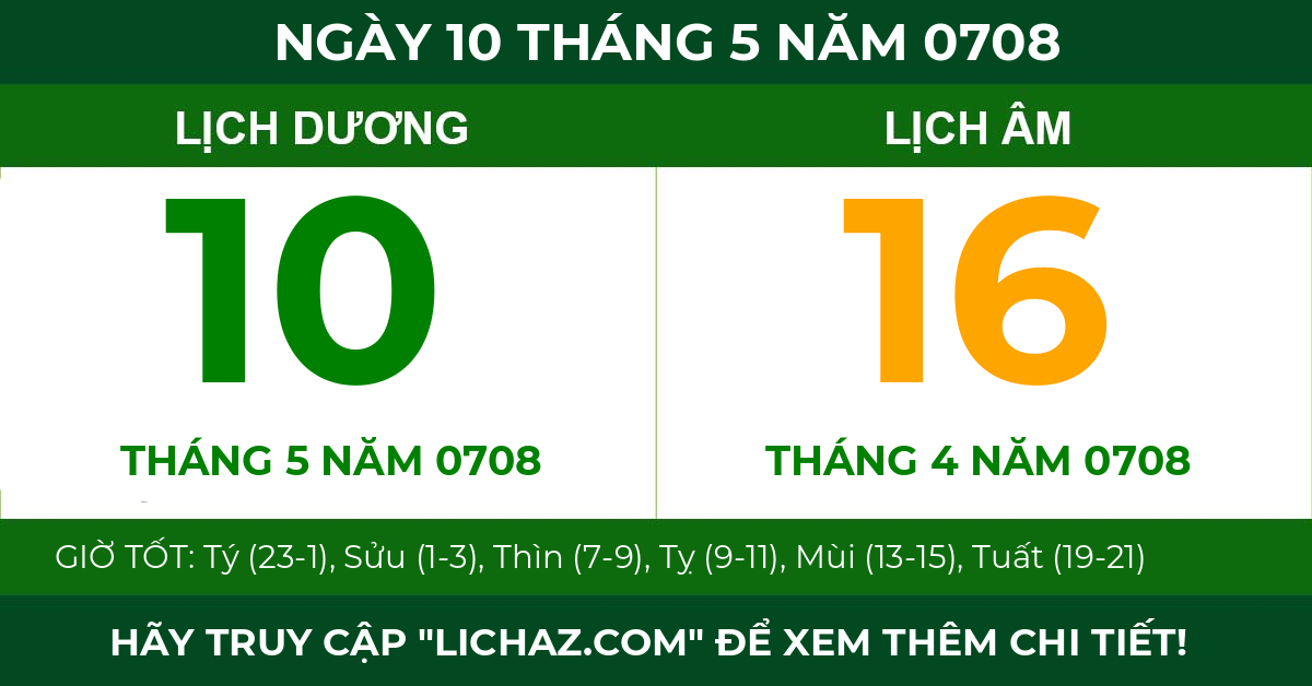 lịch âm ngày 10 tháng 5 năm 0708