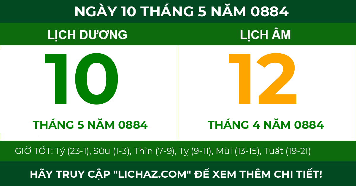 lịch âm ngày 10 tháng 5 năm 0884