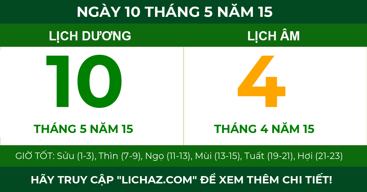 lịch âm ngày 10 tháng 5 năm 15