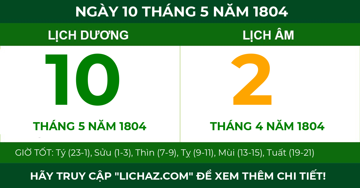 lịch âm ngày 10 tháng 5 năm 1804