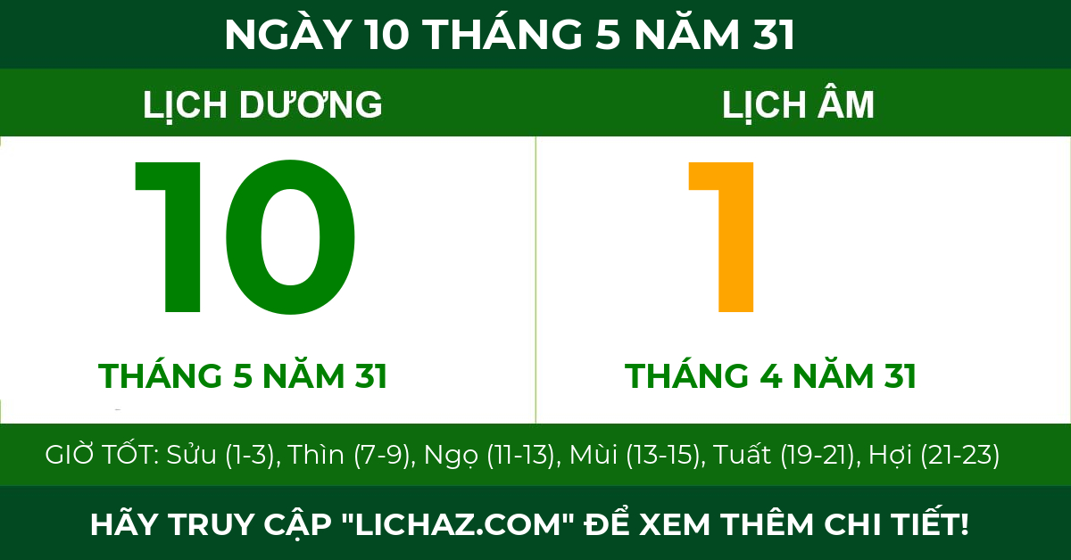 lịch âm ngày 10 tháng 5 năm 31