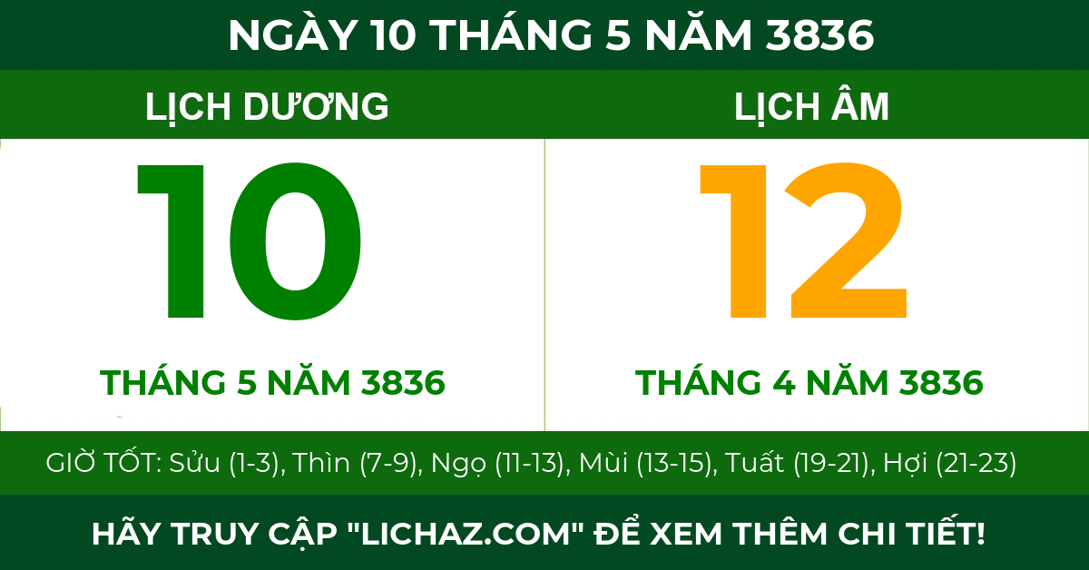 lịch âm ngày 10 tháng 5 năm 3836