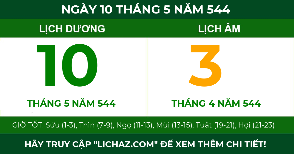 lịch âm ngày 10 tháng 5 năm 544