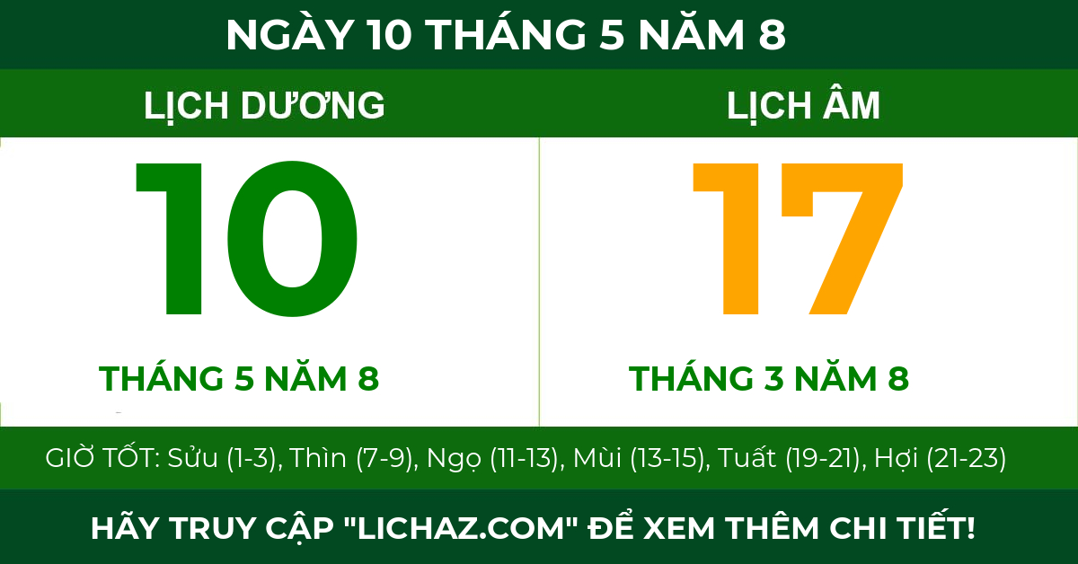 lịch âm ngày 10 tháng 5 năm 8