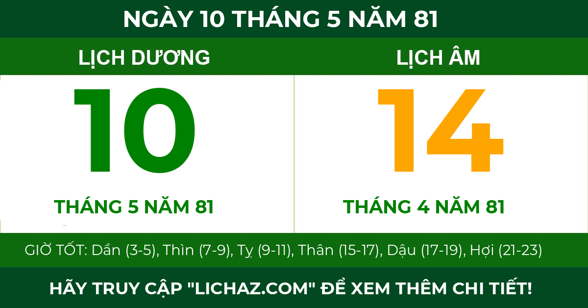 lịch âm ngày 10 tháng 5 năm 81