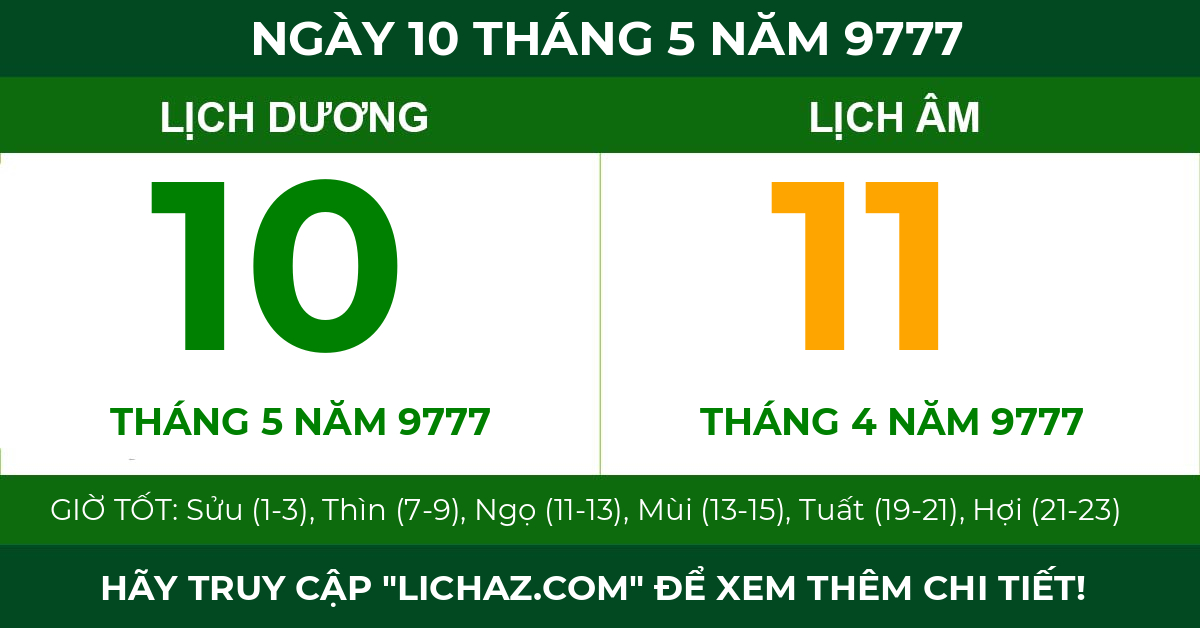 lịch âm ngày 10 tháng 5 năm 9777