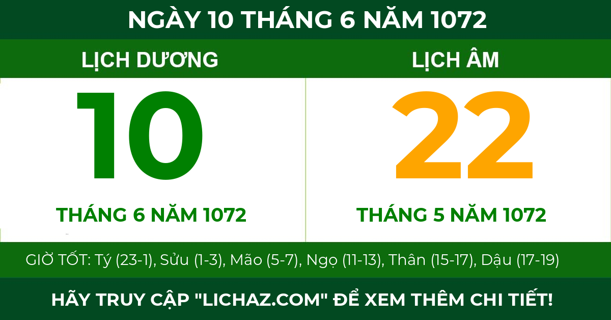 lịch âm ngày 10 tháng 6 năm 1072