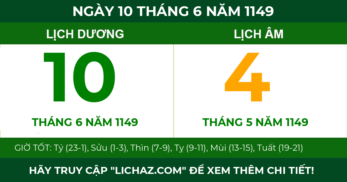 lịch âm ngày 10 tháng 6 năm 1149