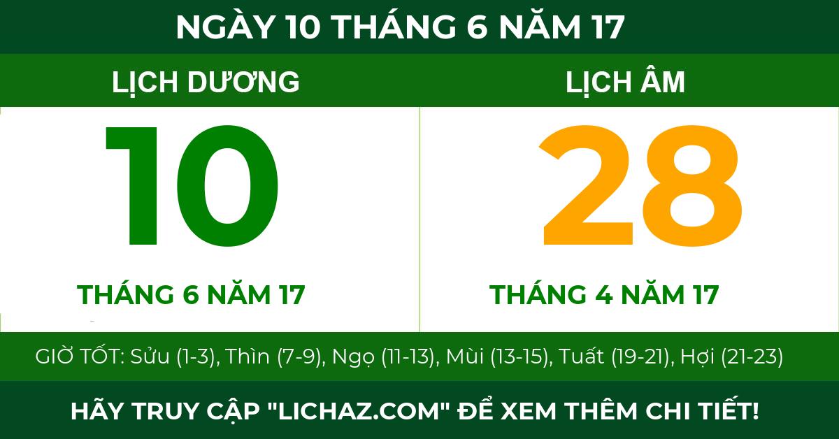 lịch âm ngày 10 tháng 6 năm 17