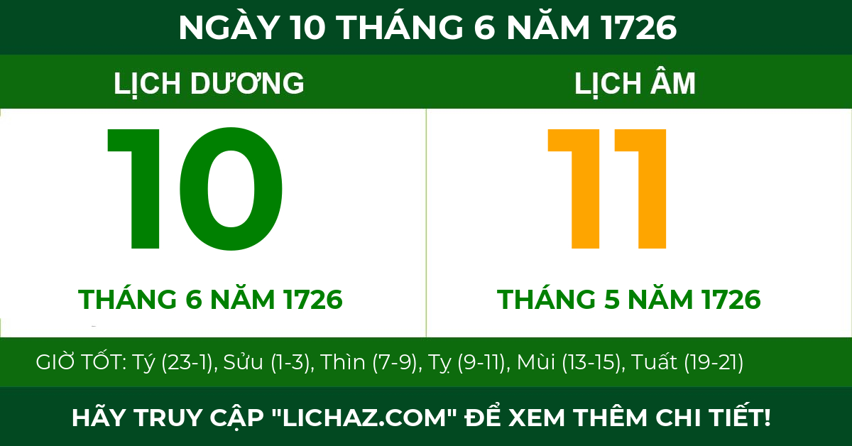 lịch âm ngày 10 tháng 6 năm 1726