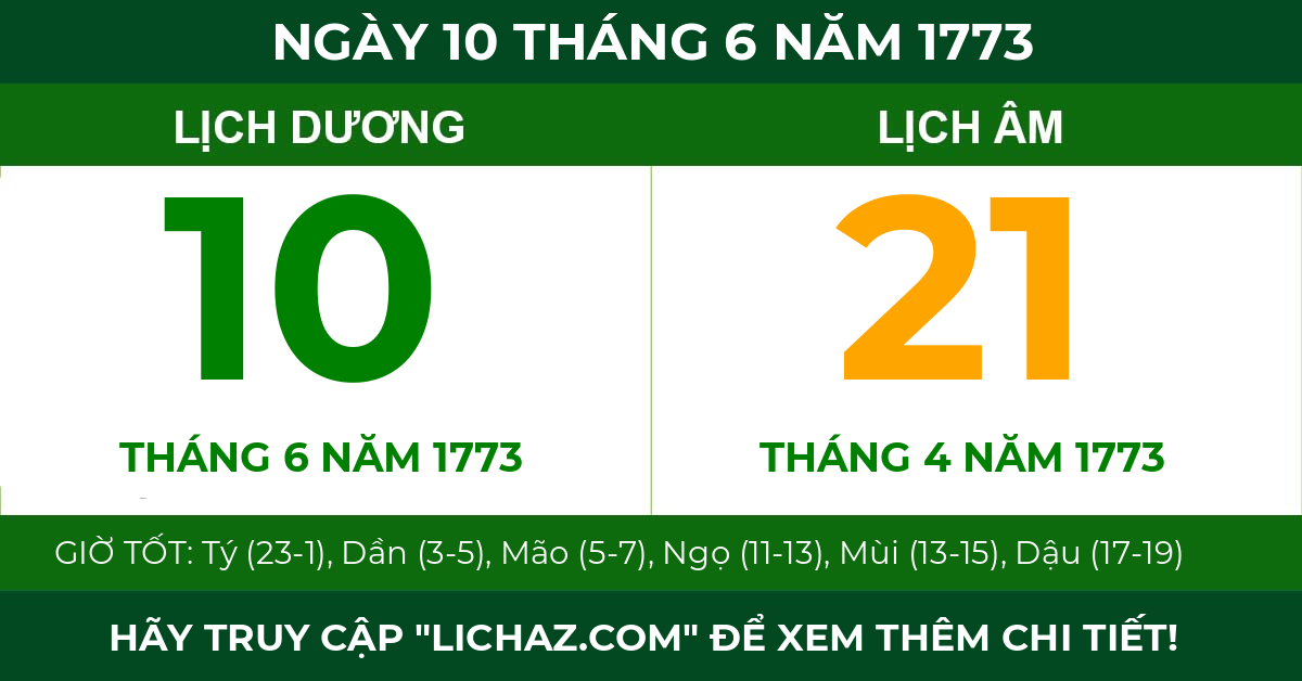 lịch âm ngày 10 tháng 6 năm 1773