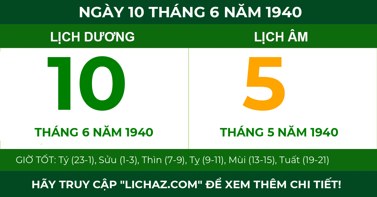 lịch âm ngày 10 tháng 6 năm 1940
