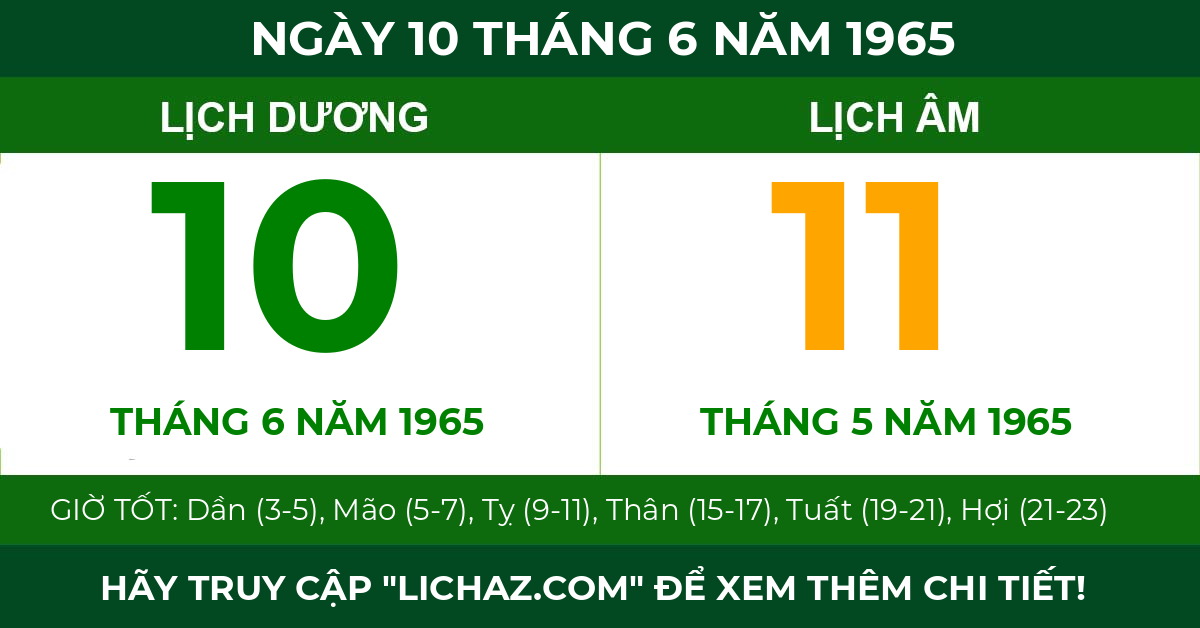 lịch âm ngày 10 tháng 6 năm 1965