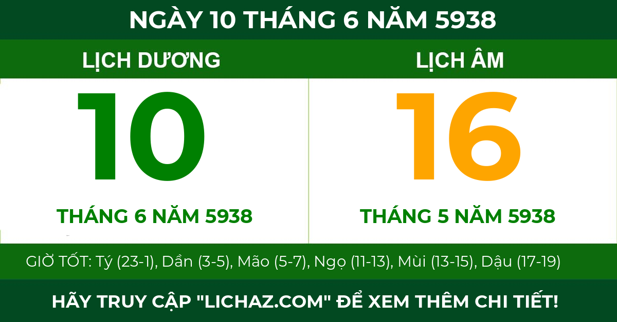 lịch âm ngày 10 tháng 6 năm 5938