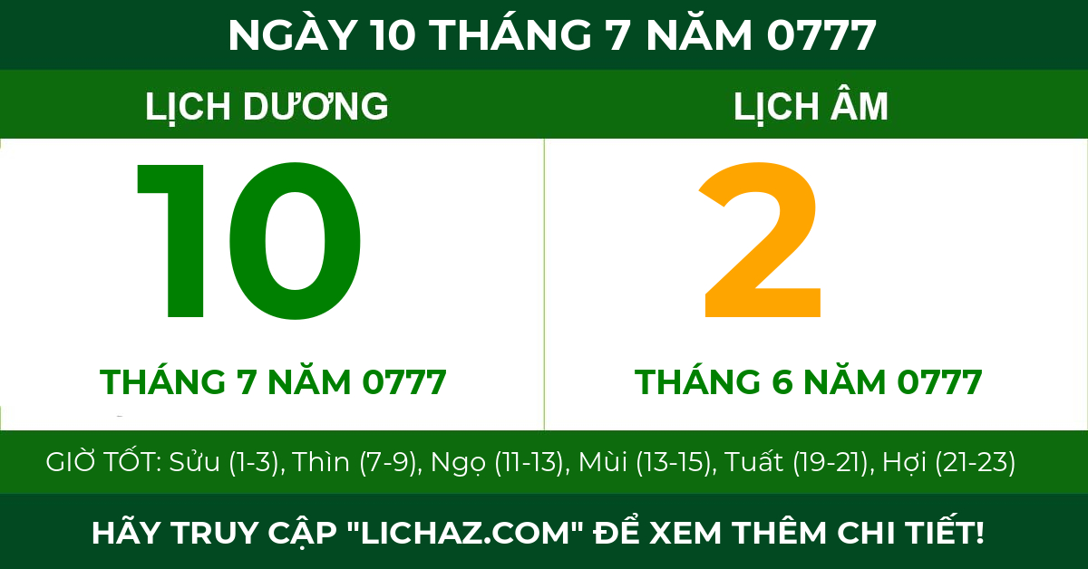 lịch âm ngày 10 tháng 7 năm 0777