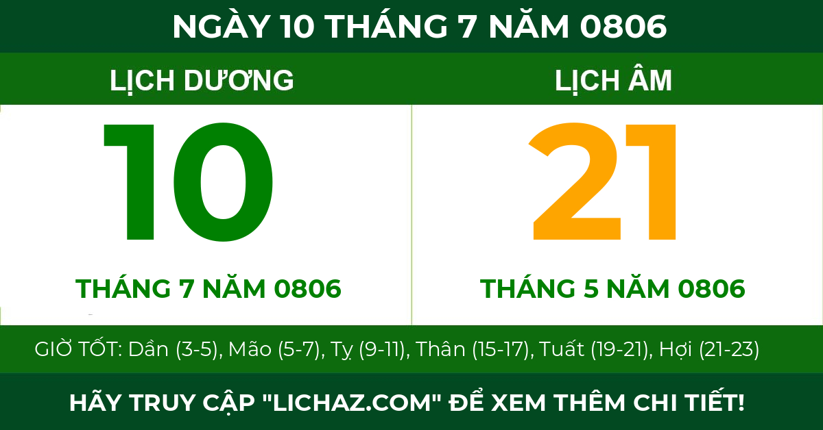 lịch âm ngày 10 tháng 7 năm 0806