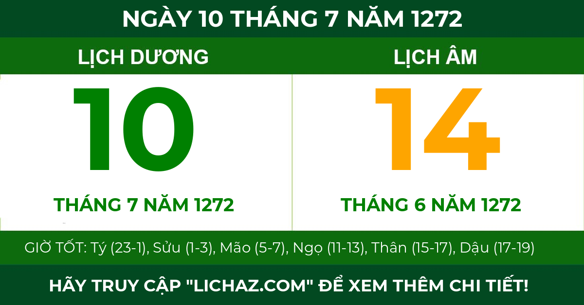 lịch âm ngày 10 tháng 7 năm 1272