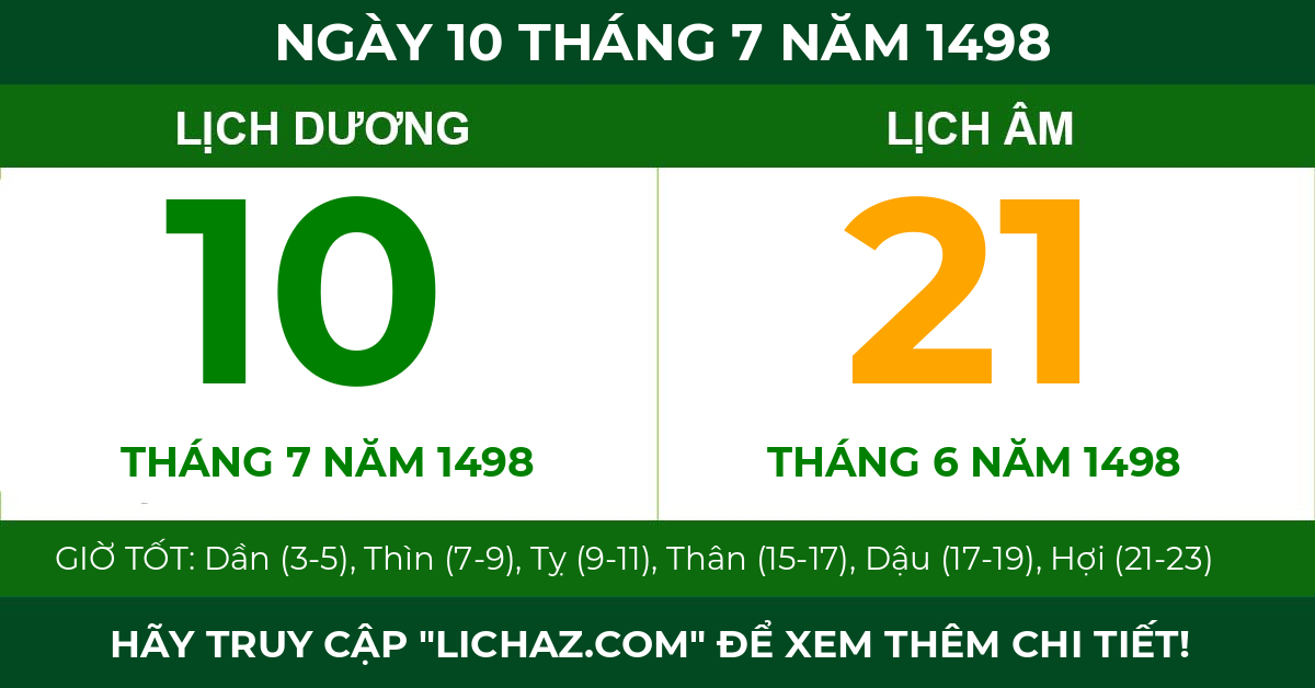 lịch âm ngày 10 tháng 7 năm 1498