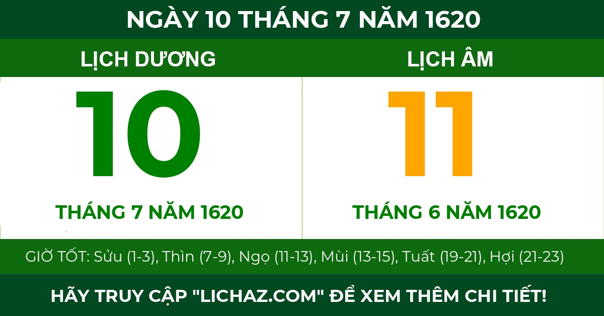 lịch âm ngày 10 tháng 7 năm 1620