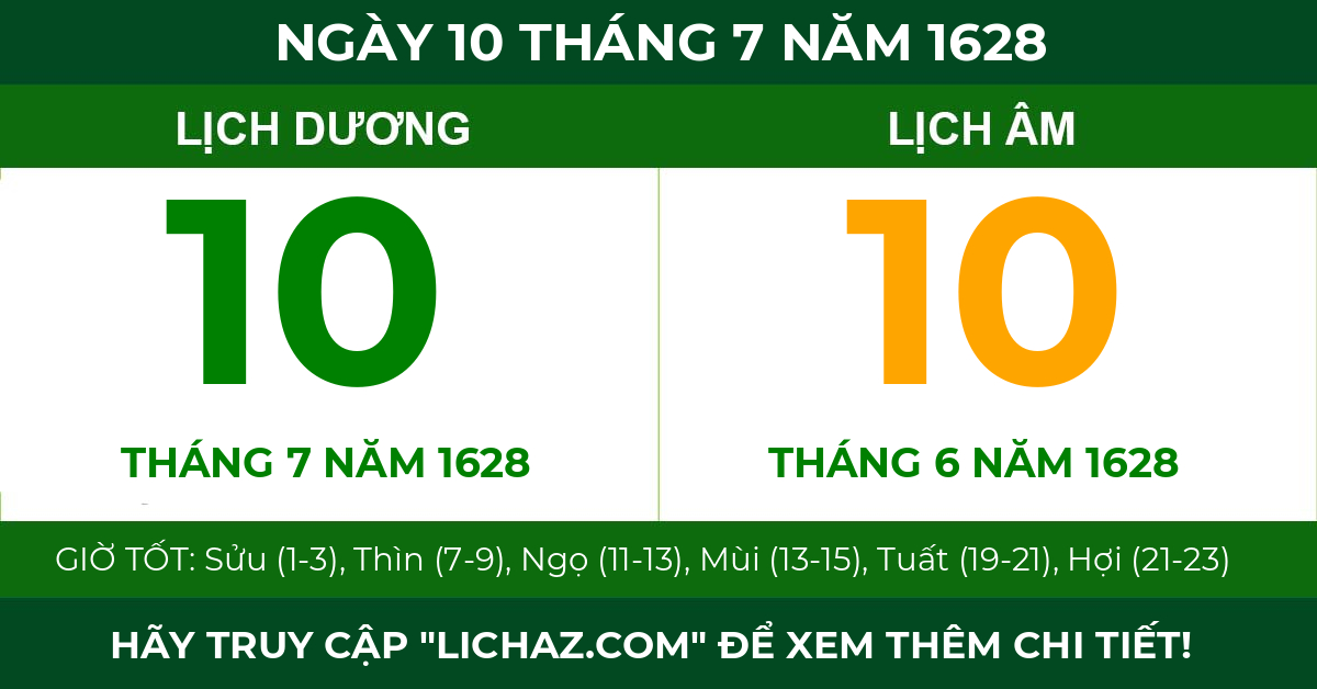 lịch âm ngày 10 tháng 7 năm 1628