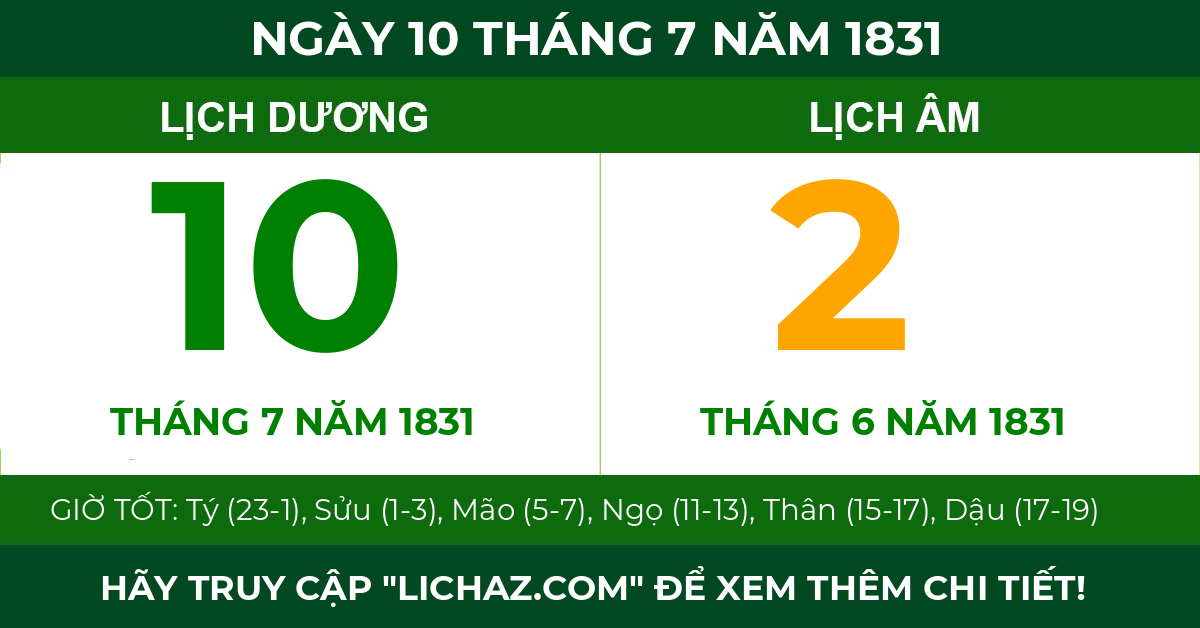 lịch âm ngày 10 tháng 7 năm 1831