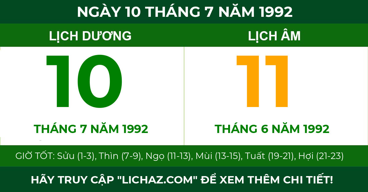 lịch âm ngày 10 tháng 7 năm 1992