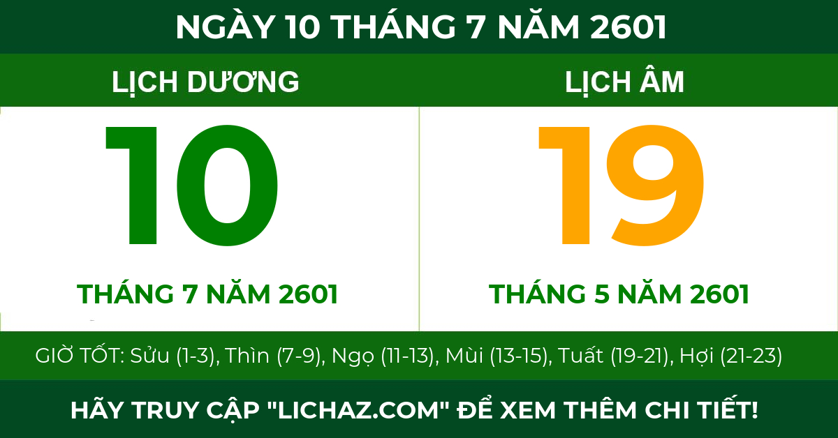 lịch âm ngày 10 tháng 7 năm 2601