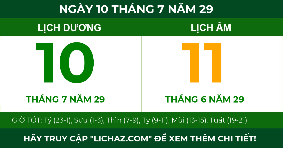 lịch âm ngày 10 tháng 7 năm 29