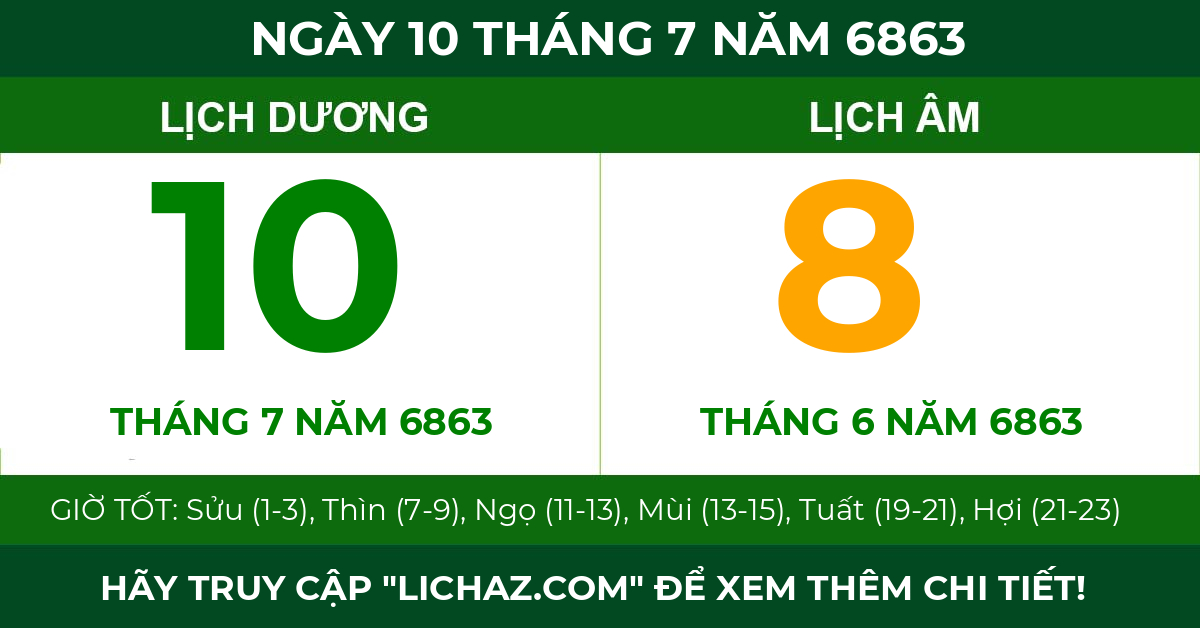 lịch âm ngày 10 tháng 7 năm 6863