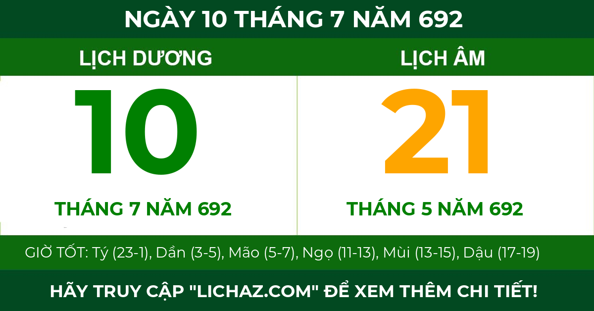 lịch âm ngày 10 tháng 7 năm 692