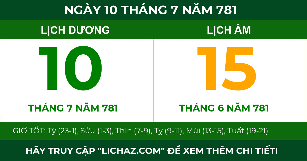 lịch âm ngày 10 tháng 7 năm 781