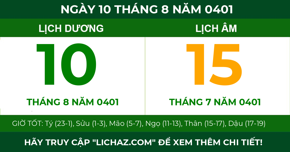 lịch âm ngày 10 tháng 8 năm 0401