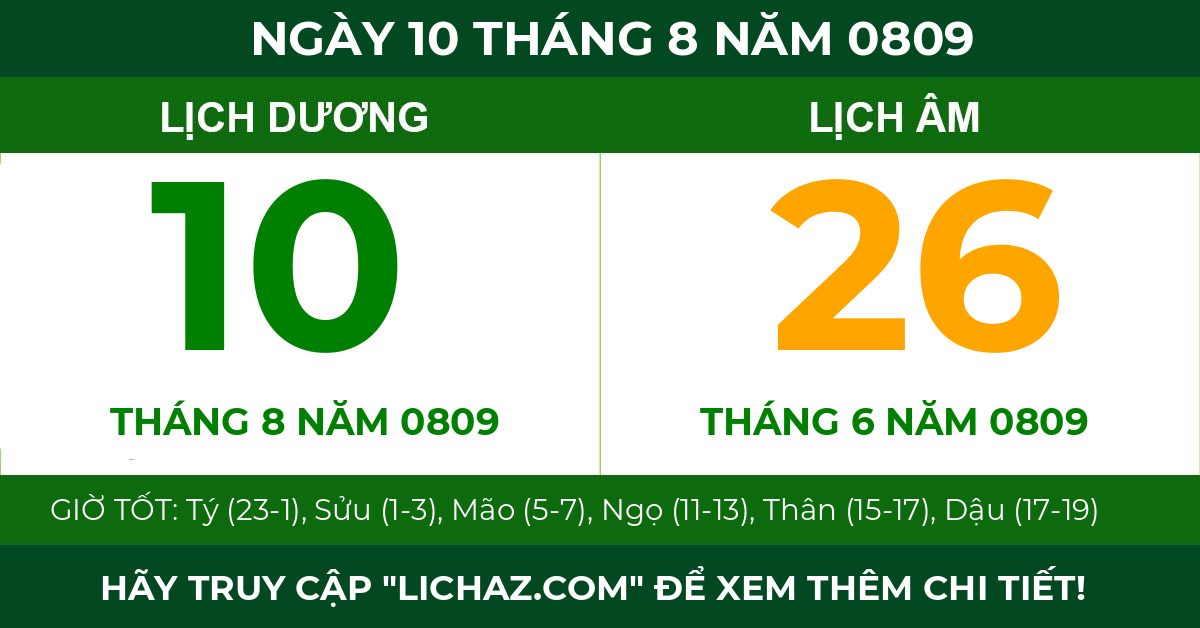 lịch âm ngày 10 tháng 8 năm 0809