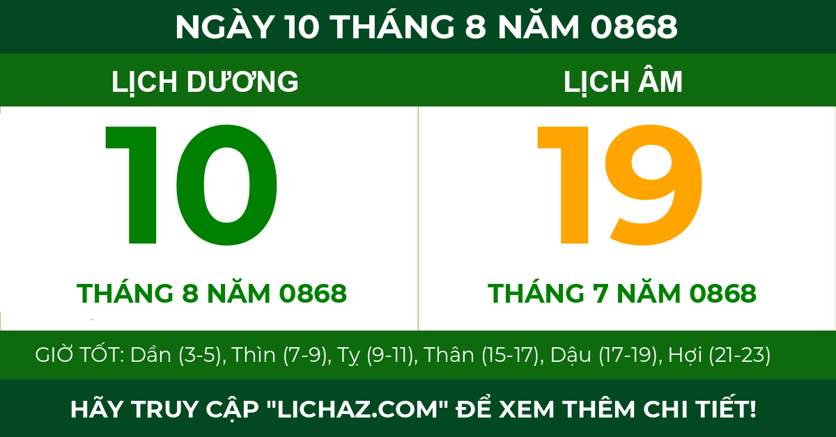 lịch âm ngày 10 tháng 8 năm 0868