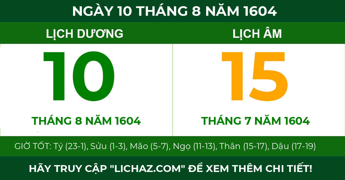lịch âm ngày 10 tháng 8 năm 1604