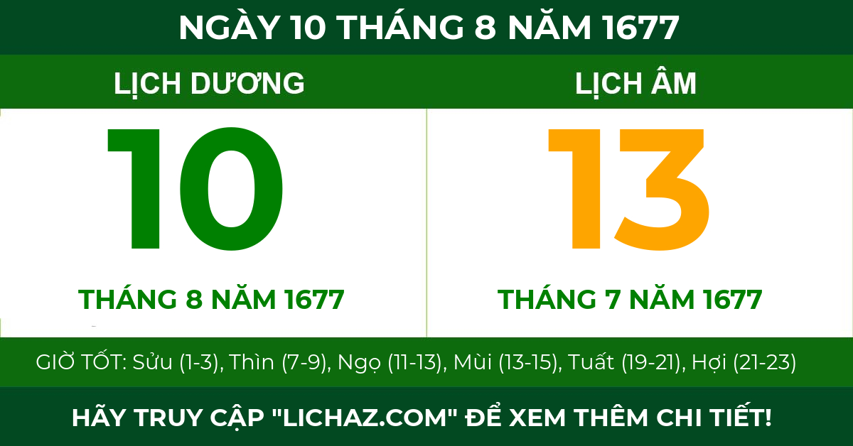 lịch âm ngày 10 tháng 8 năm 1677