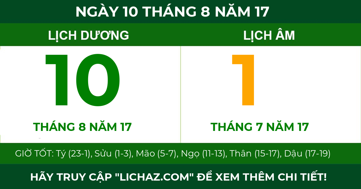 lịch âm ngày 10 tháng 8 năm 17