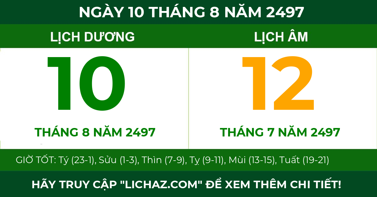 lịch âm ngày 10 tháng 8 năm 2497