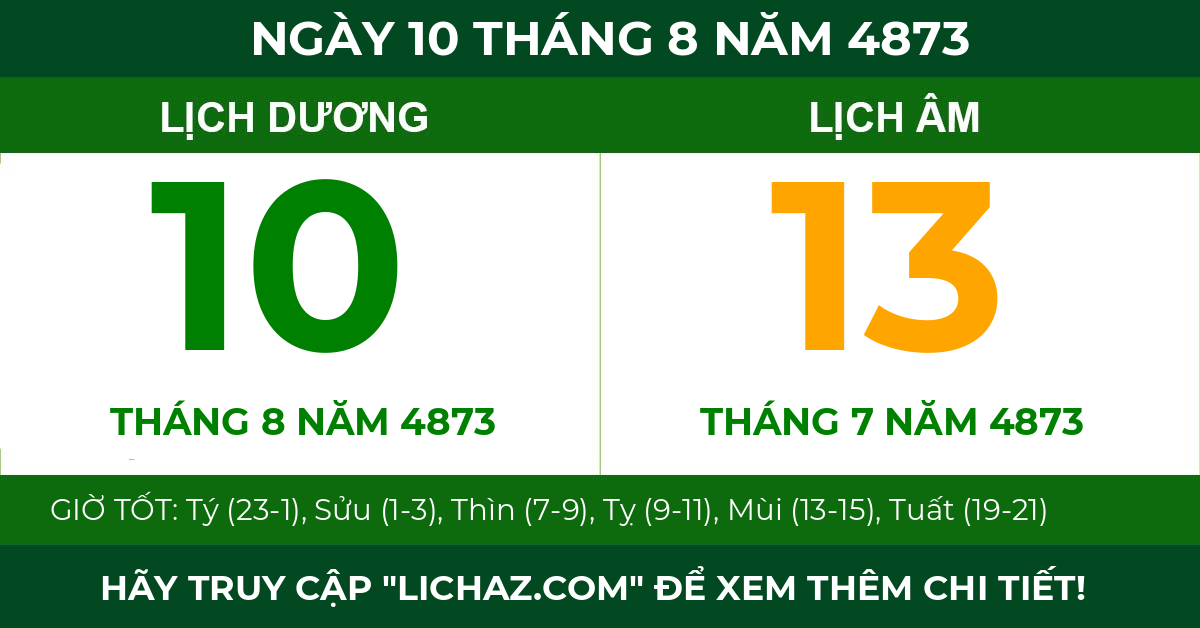 lịch âm ngày 10 tháng 8 năm 4873