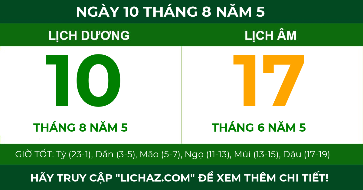 lịch âm ngày 10 tháng 8 năm 5
