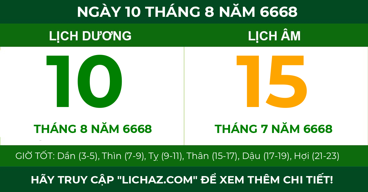 lịch âm ngày 10 tháng 8 năm 6668
