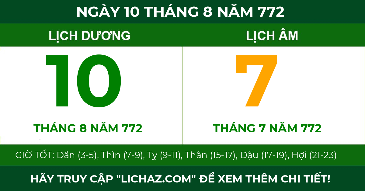 lịch âm ngày 10 tháng 8 năm 772