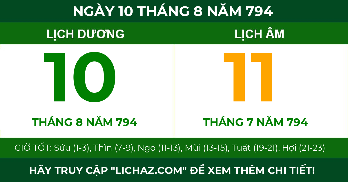 lịch âm ngày 10 tháng 8 năm 794