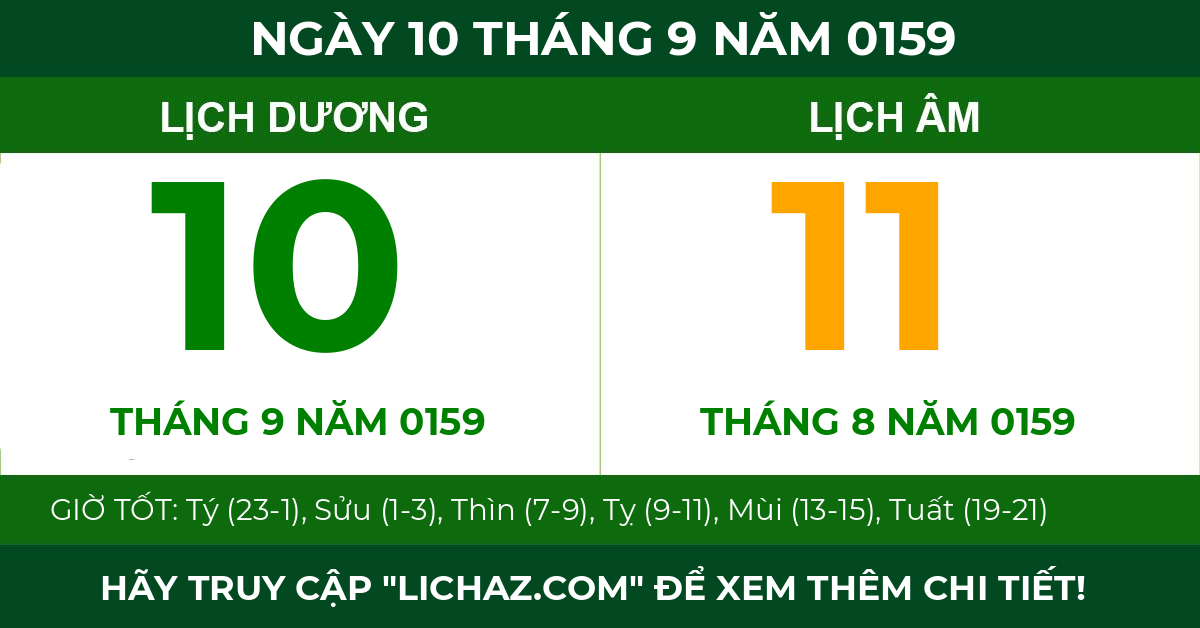 lịch âm ngày 10 tháng 9 năm 0159
